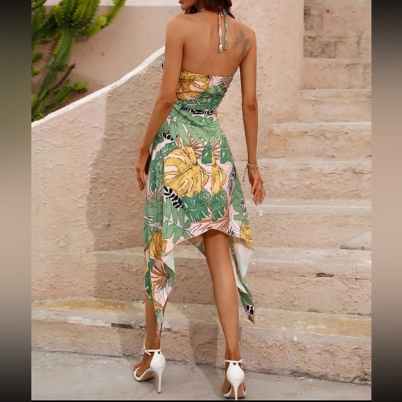 Bohemian Backless Halter Tropical Print Asymmetrical Hem Midi Summer Sundress - Picture 2 of 9